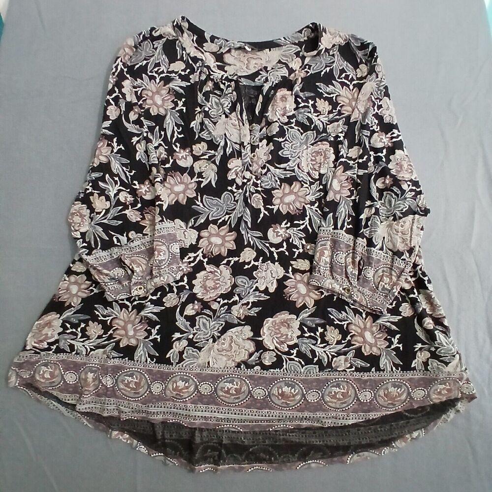 Lucky Brand Blouse Women 2X Black Floral V Neck Tunic Stretch Plus Size